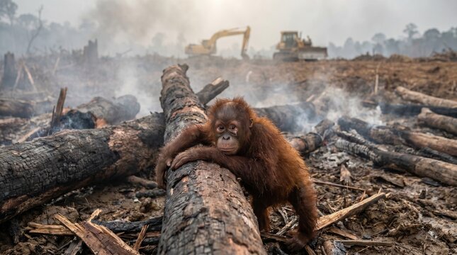 Orangutan in deforested landscape with heavy machinery and smoke