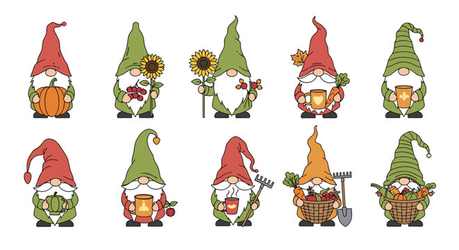Autumn garden gnome collection featuring cute dwarf characters holding pumpkins, sunflowers, berries, and gardening tools for fall season.