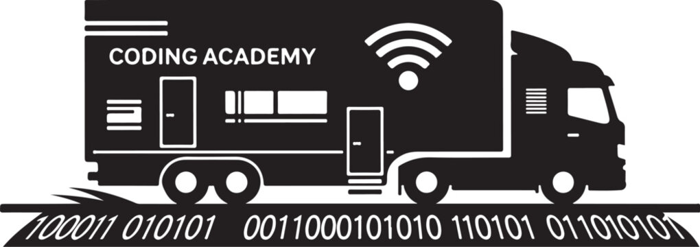 Black coding truck, coding academy vehicle, wifi truck, binary code wheels, programming mobile unit