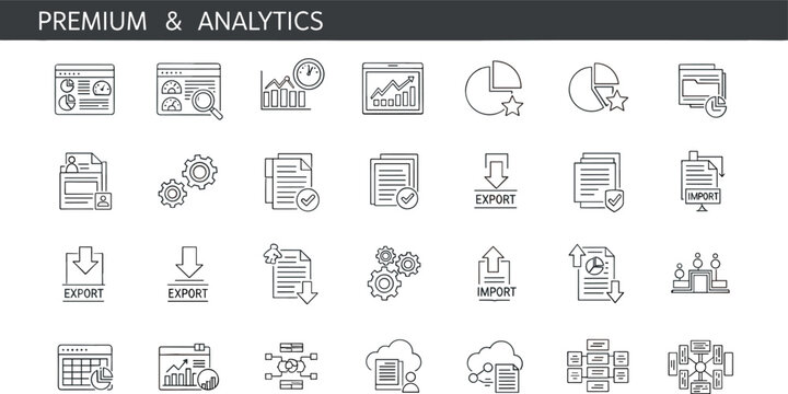 Premium analytics business report export import outline icon set dashboard performance monitoring editable stroke vector office interface collection