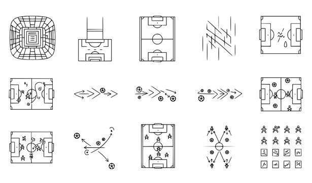 Football field match visualization icon set soccer vector