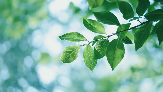 4K Leaves, deciduous, Close-up of green leaves swaying gently in a soft natural light background for nature-themed video content, outdoors, natural, serene, calm, refreshing, background