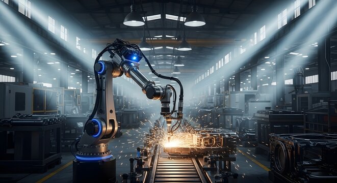 industrial robotic arm welding metal sparks factory automation modern manufacturing illuminated machinery