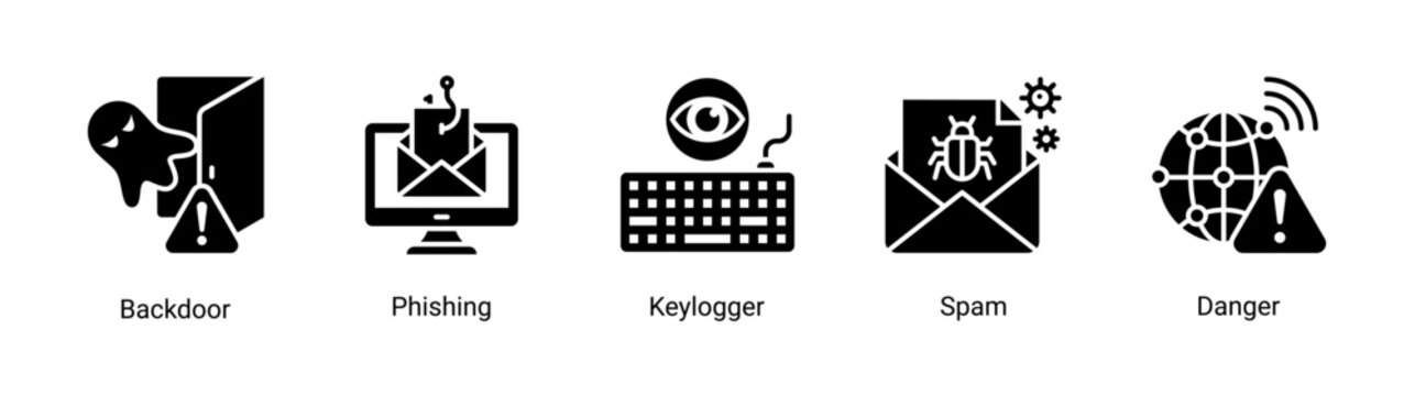 Cyber threat icon set with phishing,keylogger and spam attack concepts.Perfect for online security awareness and hacking prevention visuals.