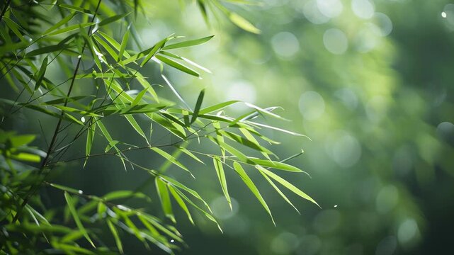 4K Bamboo, grass, Close-up of bamboo leaves with soft natural lighting in a serene forest setting for nature footage and relaxation videos, forest, nature, natural, organic, calm, serene