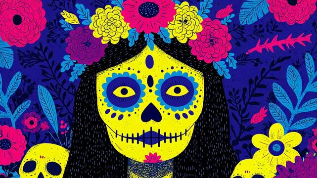 4K Day of the Dead, skull, woman, Colorful Day of the Dead illustration featuring a skull woman adorned with flowers and vibrant colors, illustration, art, festive, colorful