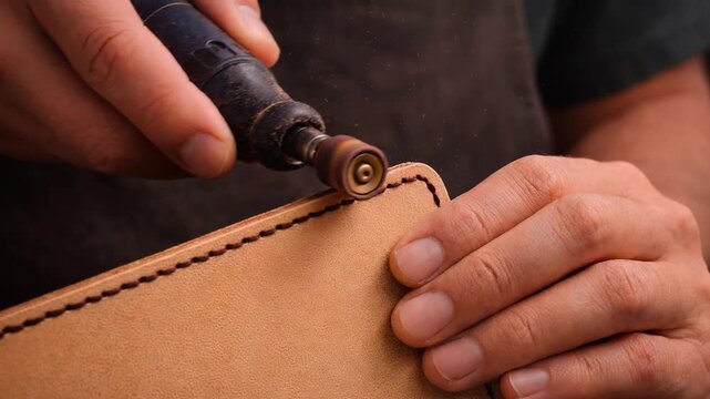 4K Hands, leather, Craftsman using a tool to work on leather in a workshop, showcasing artisan craftsmanship and focused attention for promotional content, working, crafting, hand movement