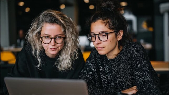 4K Women, laptop, Two women collaborating on a laptop in a modern caf&eacute; workspace with a focused atmosphere, working, collaborating, caf&eacute;, workspace, modern, casual, focused, collaborative