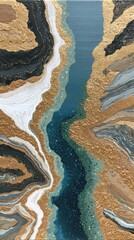 Naklejka premium Fluid acrylic pour painting with gold leaf and deep ocean blue resin layers creating abstract geological landscape art texture photography