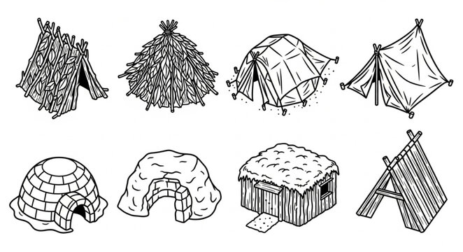 Collection of primitive shelters and tents drawn in a sketch style.