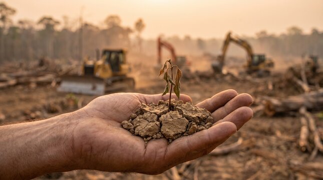 Hand holding cracked soil in deforested landscape with machinery