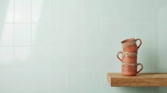 Stack of ceramic mugs on rustic wood shelf against mint green tile wall