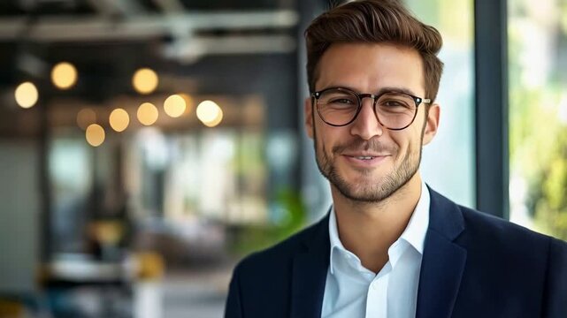 4K Smiling man in business attire in a modern office setting with natural light, business, formal, professional, friendly, corporate video, social media, advertising