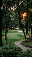 Fototapeta premium Curved stone path winding through lush green golf course forest with golden sunset light filtering through trees in professional outdoor nature landscape photography