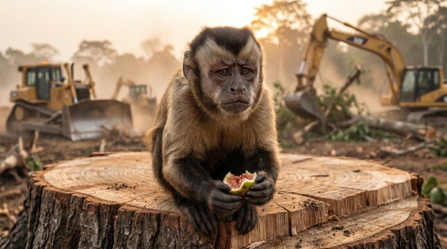 Capuchin monkey on tree stump in deforested area with excavators