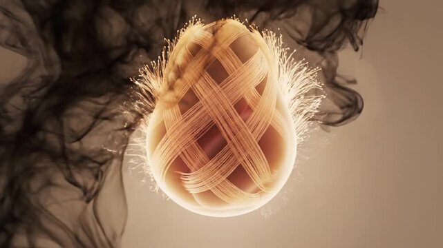 Synthetic human evolution and consciousness mapping depicted by a face profile transforming into a glowing fibrous cellular pod