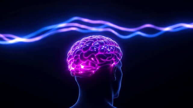 4K Abstract representation of a brain with neon electric waves suggesting thought and creativity in a dark environment, mysterious, futuristic, educational, promotional, scientific
