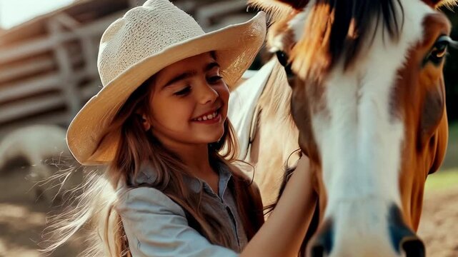 4K Girl, horse, Girl smiling while petting a horse in a stable during golden hour light, petting, smiling, stable, farm, candid, lifestyle, happy, joyful, advertising, social media, promo vi