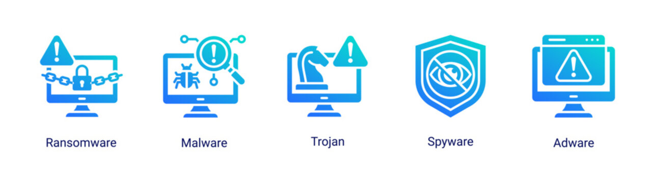 Malware attack icon set featuring ransomware,trojan and spyware threats.Ideal for cybersecurity risk,hacking concept and digital security visuals.