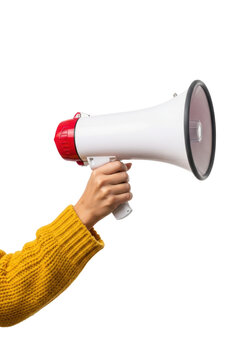 Extreme close-up of a woman's hand in a chunky knit yellow wool sweater holding a modern matte white megaphone with a bright red rim on a transparent background, assertive communication concept.