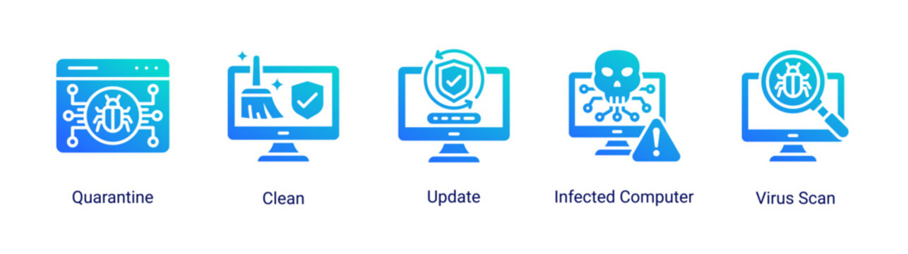 System cleaning icon set with quarantine,update and infected computer concepts.Perfect for antivirus maintenance and malware removal visuals.
