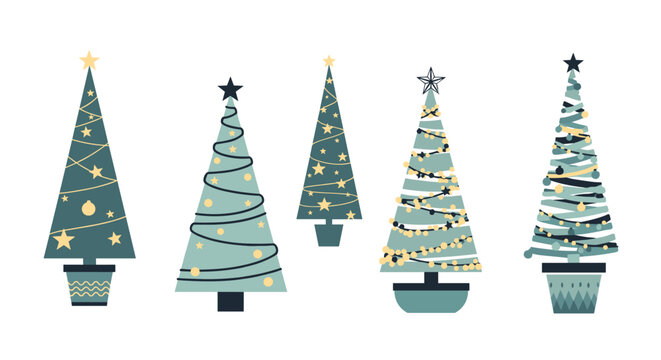 Collection of five unique stylized christmas trees decorated with golden stars, ornaments, and string lights on a white background.