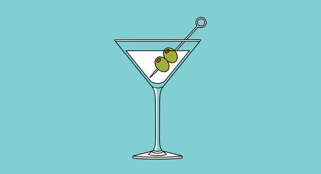 Classic martini drink served in a stemmed glass with two green olives on a toothpick garnish against a vibrant blue background color.