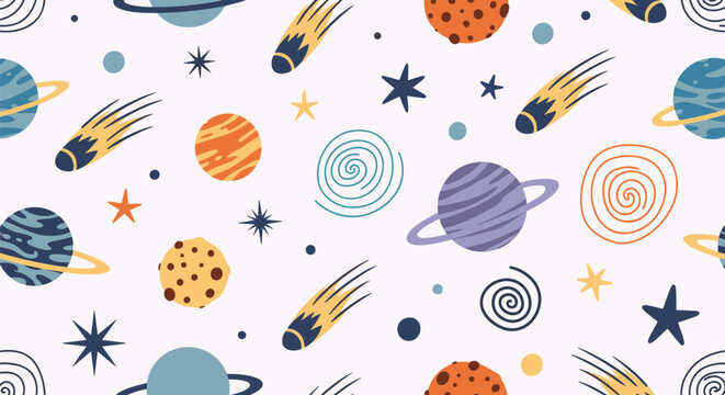 Fun and colorful seamless space pattern with various planets, comets, stars, and galaxies on a light background.