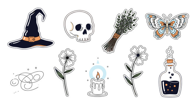 Collection of mystical stickers including a witch hat, skull, lavender bundle, butterfly, flowers, candle, and a magic potion bottle.