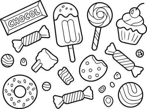 Sweets and candies coloring page elements