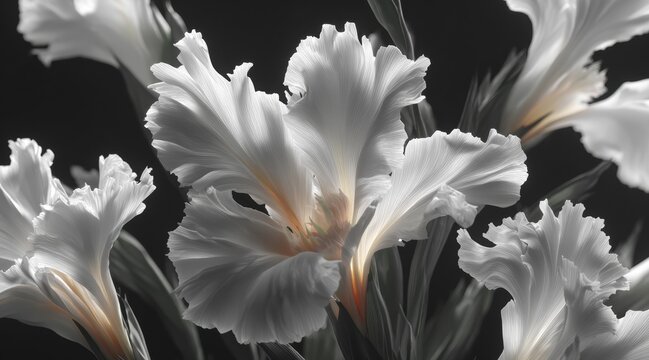 Elegant white iris flowers with delicate petals and soft glowing light accents against solid dark black background for artistic floral photography and minimal concept