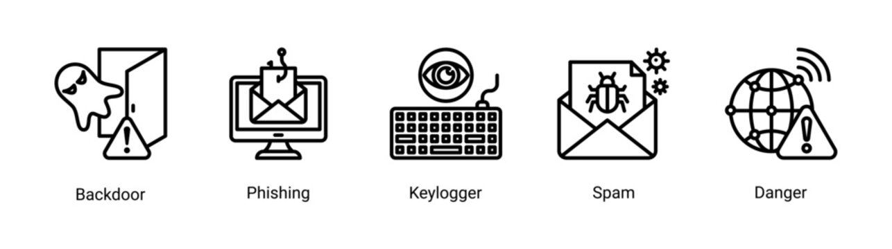 Cyber threat icon set with phishing,keylogger and spam attack concepts.Perfect for online security awareness and hacking prevention visuals.