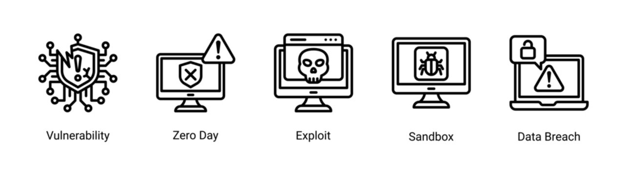Vulnerability icon set featuring zero day,exploit and data breach.Ideal for cybersecurity analysis and threat detection concepts.
