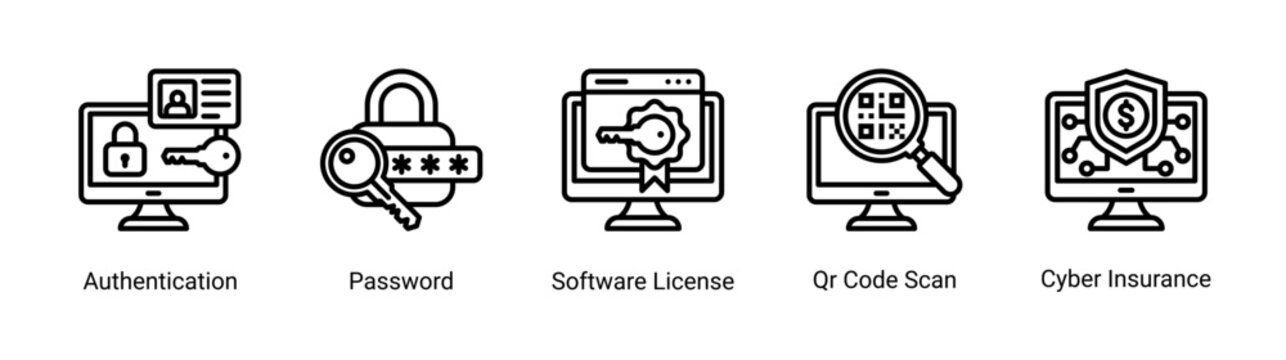 Secure access icon set with authentication,password and software license.Ideal for login security and system access control concepts.