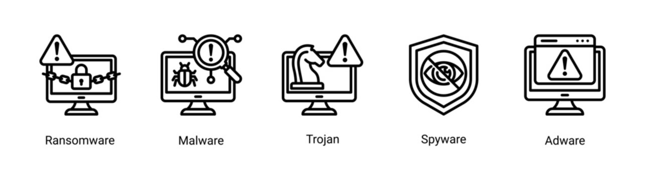 Malware attack icon set featuring ransomware,trojan and spyware threats.Ideal for cybersecurity risk,hacking concept and digital security visuals.