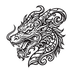 Fototapeta premium Intricate Black and White Dragon Head Illustration with Ornate Details.