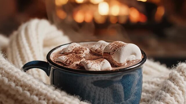 Cozy seasonal menu hot chocolate with marshmallow topping in blue mug near warm fireplace warmth