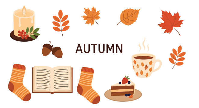Cozy collection of autumn objects featuring a lit candle hot tea chocolate cake an open book warm socks and colorful fall leaves.