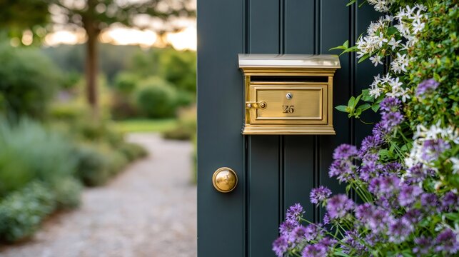 Brass mailbox on green gate with purple flowers