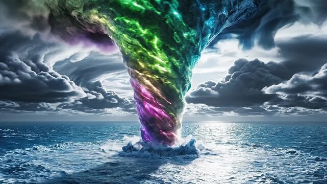 Colorful waterspout forming over ocean with stormy clouds