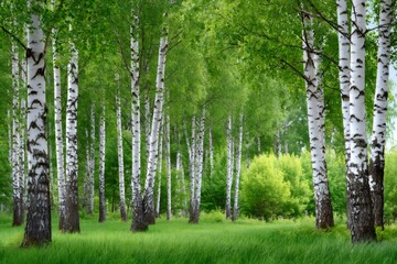 Obraz premium Birch forest showing green leaves and white trunks