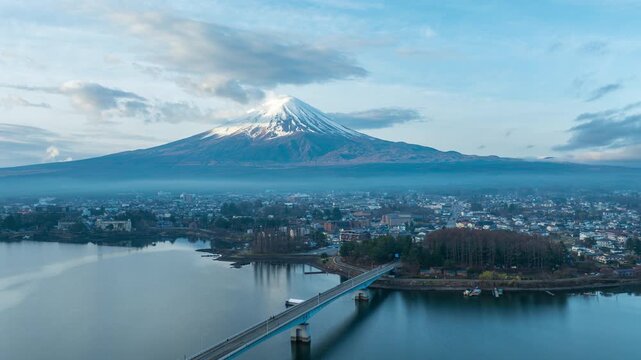 Aerial view of Fuji mountains and kawaguchiko lake in Japan.