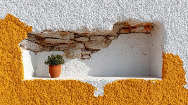 Small terracotta potted plant sitting in rectangular wall niche of weathered white and yellow stucco house exterior for rustic Mediterranean travel aesthetic