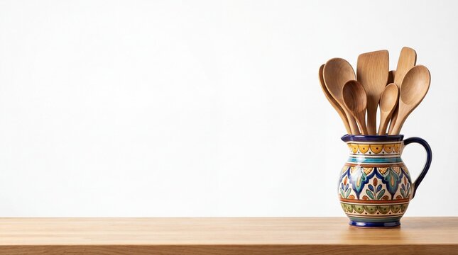 Wooden kitchen utensils in a ceramic painted pitcher on a wooden table
