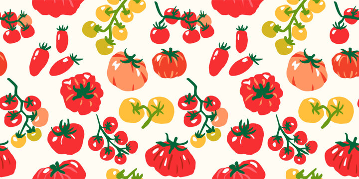 Seamless pattern with ink doodle abstract red and yellow tomatoes. Trendy aesthetic farmer market background. Hand drawn vector illustration.Italian summer. Fresh, vibrant, vegetarian wallpaper.