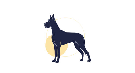 Fototapeta premium Bold silhouette of a noble Great Dane dog standing tall against a background of two large yellow and white circles.