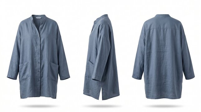 Three views of a blue linen jacket with pockets and a stand-up collar, presented on a white background.