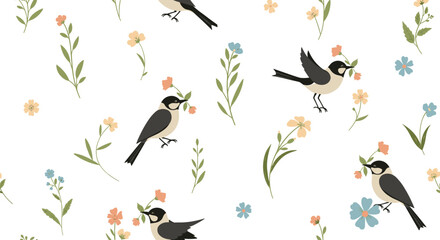 Fototapeta premium Delicate seamless pattern featuring small birds perched on thin branches among colorful wildflowers on a white background.