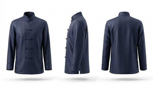Three views of a traditional dark blue Chinese jacket with mandarin collar and frog buttons, isolated on white background.