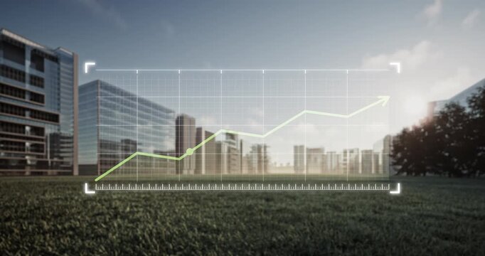 3D rendering of land and investment growth in modern city. Dynamic upward trending chart over vacant urban plot, highlighting financial expansion, rising property value and strong market demand.